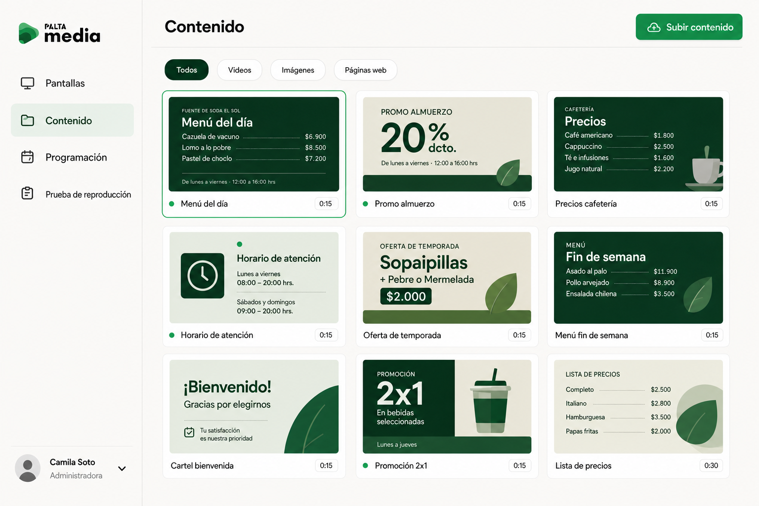 Vista ilustrativa: biblioteca de contenido con videos, imágenes y páginas web listos para programar